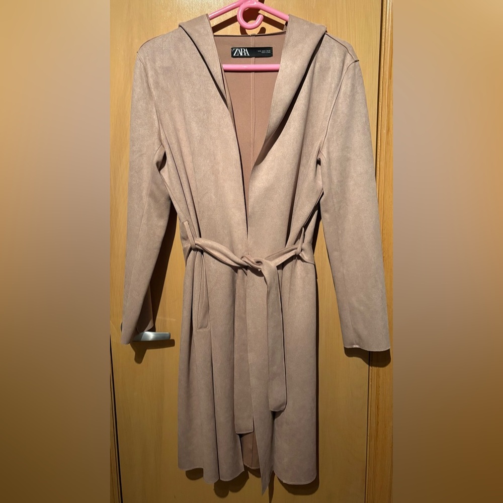 Zara faux suede jacket trench with hood belted lightweight women’s size Small - Picture 4 of 7